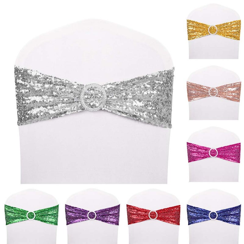 Desirable Life Pack of 25 Chair Sashes Sequin Stretchy Spandex Bands Decorative Bows One-Sided Sequins Decor for Romantic Wedding Party Home Chair Cover Sash Decorations - Silver - Image 4